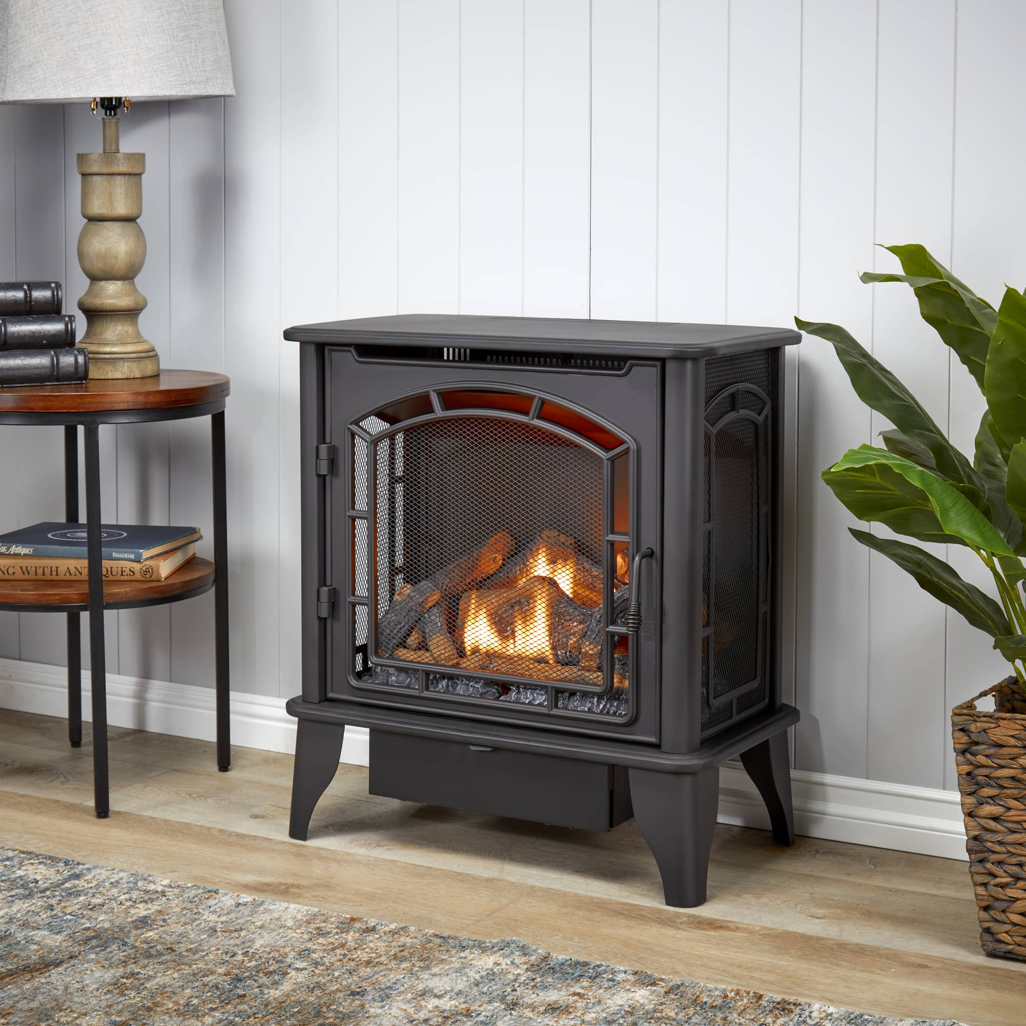 Bluegrass Living Panorama Vent Free Dual Fuel 3-Sided Gas Stove 23,000 BTU, Remote Control, Black Finish Model# BTSD23RT